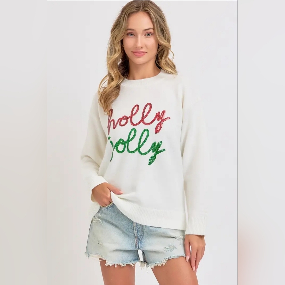 White 'Holly Jolly' Holiday Crewneck Sweater